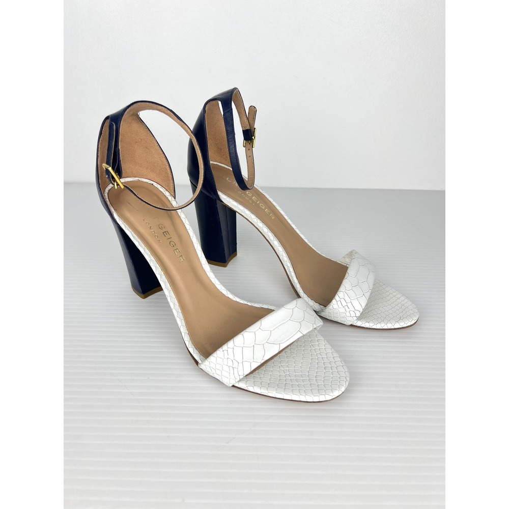 Kurt Geiger London Navy White Snakeskin Embossed Block Heel Sandals 39.5 Italy